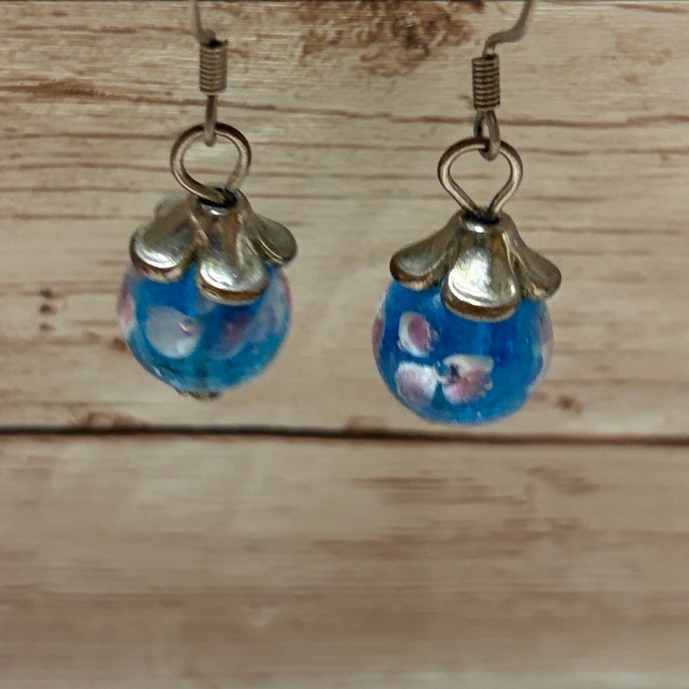 Hand painted Floral Print Blue Glass Bead Drop Earrings